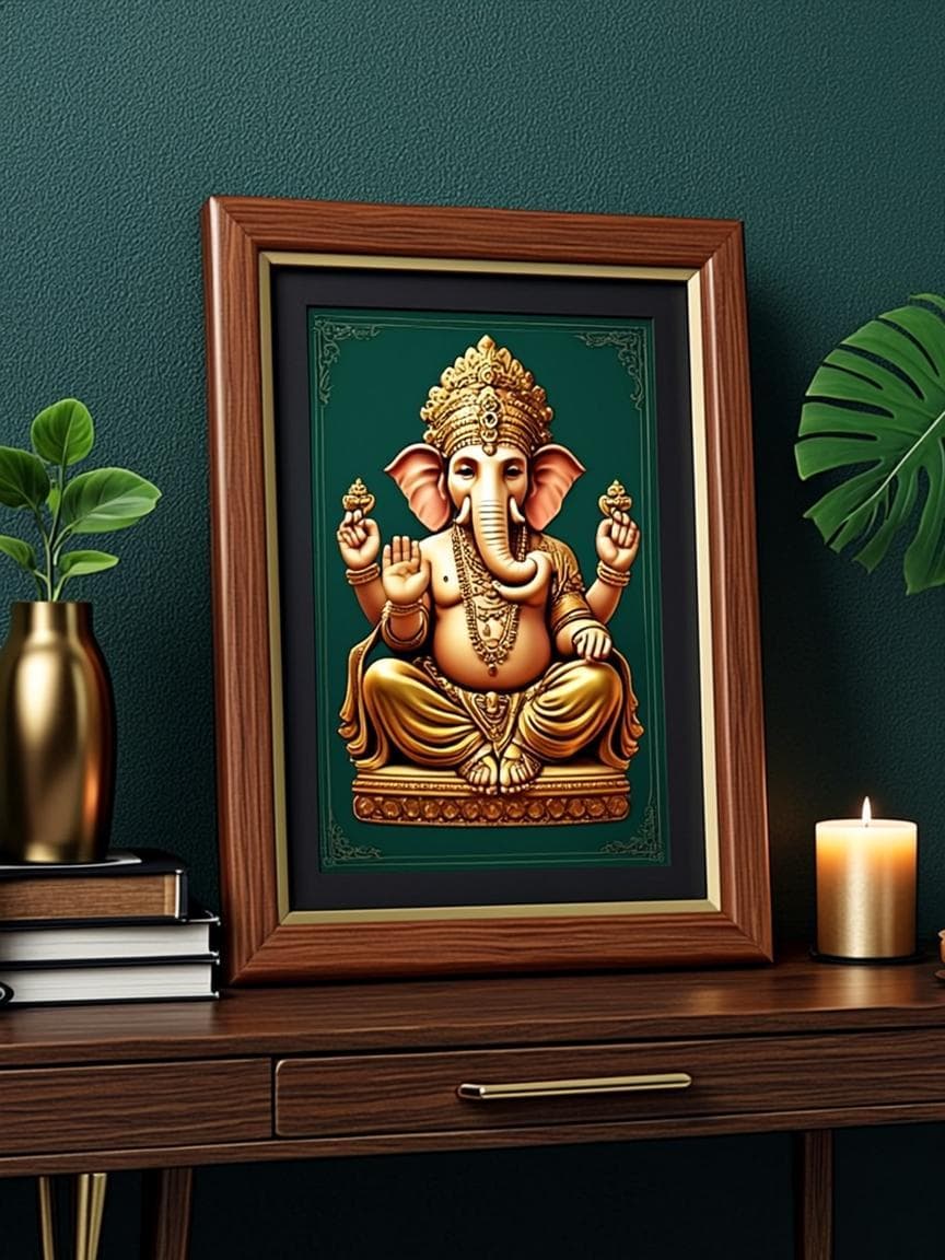 Premium handcrafted walnut photo frame with Lord Ganesha devotional artwork in emerald and gold